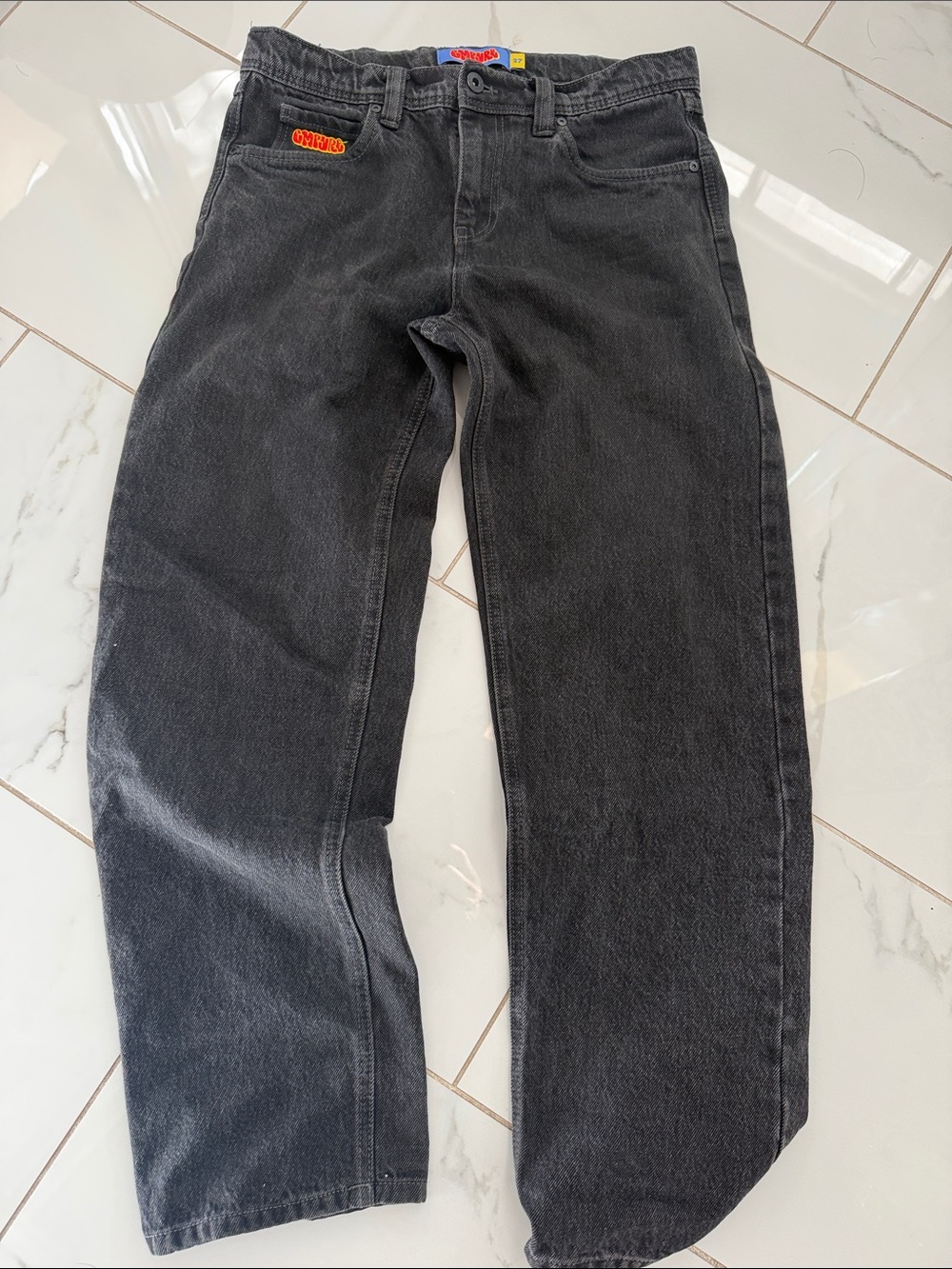 Empyre Black Relaxed Men's Jeans with Orange Logo Patch